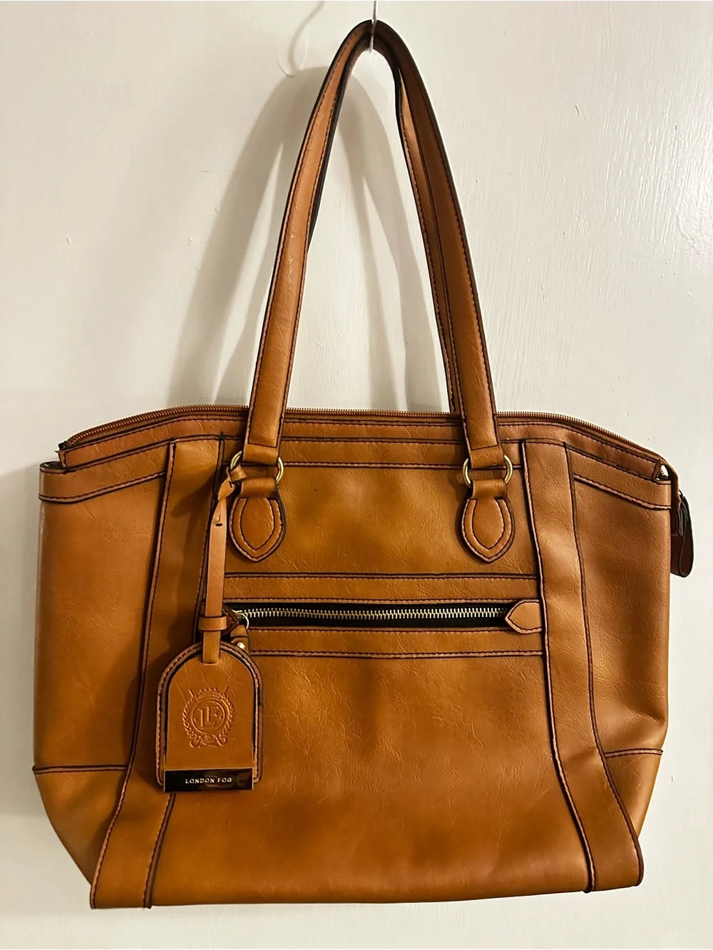 London Fog Cognac Leather Tote with Front Zip Pocket